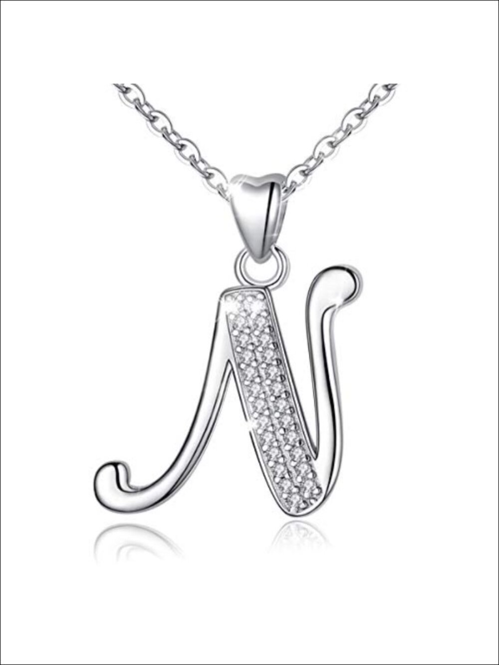 925 Sterling Silver Initial 'N' Pendant Necklace with Cubic Zirconia, 18" Rolo